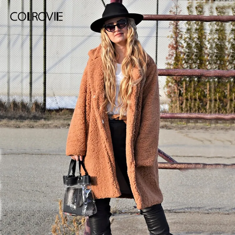 

COLROVIE Plus Size Camel Solid Shawl Long Faux Fur Teddy Coat Women 2018 Autumn Office Warm Winter Elegant Female Lady Outwear