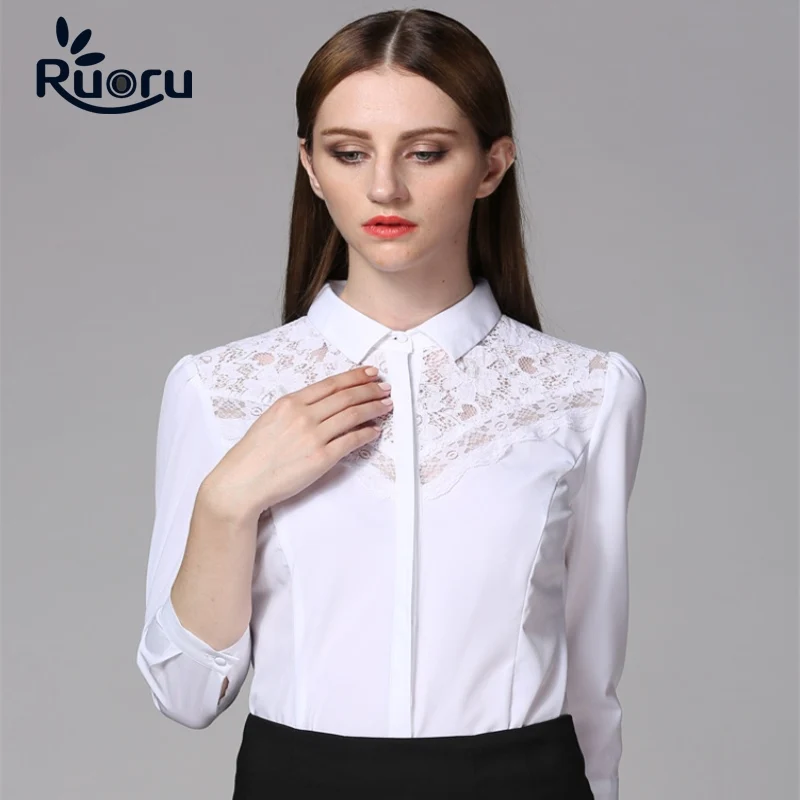 

Ruoru Slim Women's Body Suit Three Quarter Chiffon Body Blouse Lace White Blouse Black Lace Tops Body Blusas Embroidery Blouse
