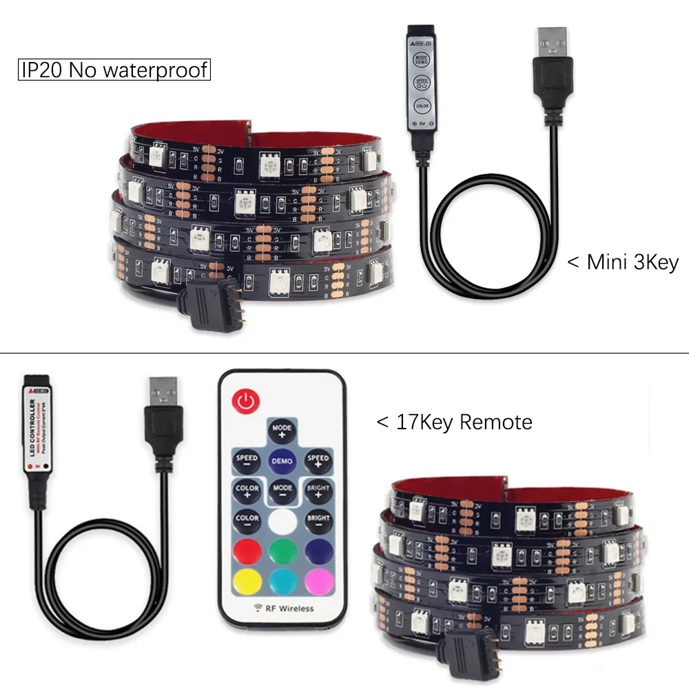 

USB Strip LED Light PC 5V RGB 5050 60Led/m USB 3 17 24 Key Controller 5 V Led Strip Not Waterproof Tape Diode Lamp TV Backlight