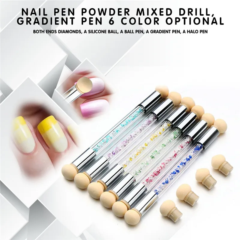 

Big Sale plastic Nail Glitter Powder Picking Dotting Gradient Pen Brush + 6 Sponge Double head Nail Art Tools manicure maquiagem