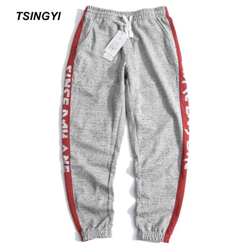 

Tsingyi Spring Print Letter Spliced Grey and Black Men Pants Jogger Romper Sweatpants Drawstring Leggins Hombre Mens Trousers