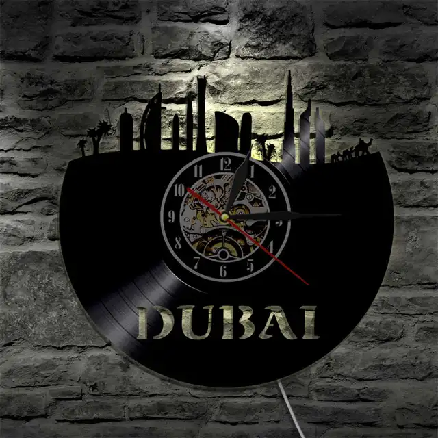 1Piece Vinyl Clock UAE City Dubai Skyline Wall Clock Vinyl Art Cityscape Clock United Arab
