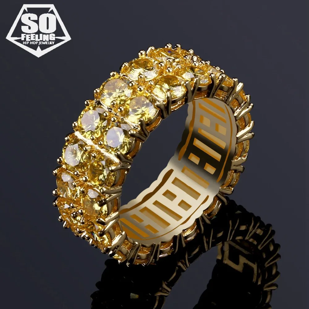

sofeeling 2 Row Solitaire ice out Men's Ring Yellow Cubic Zircon RING Fashion Hip Hop Jewelry