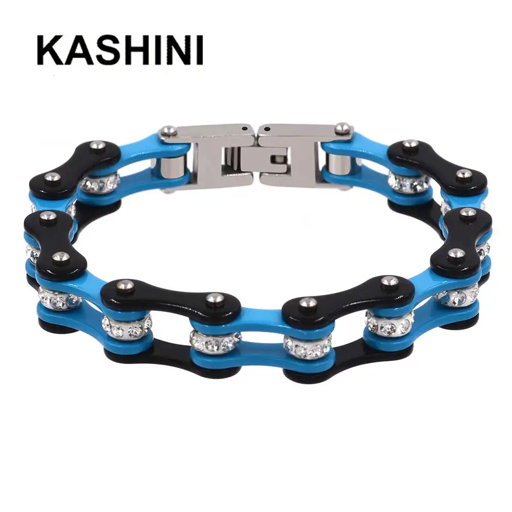 

Punk Blue Biker Link Bracelet Women Zircon Stainless Steel 316L Black Motorcycle Chain Bracelets Jewelry Gift For Woman