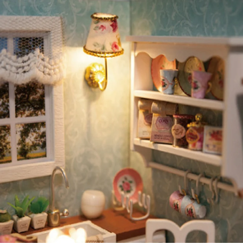 mylb Handcraft Miniature Dollhouse Happy Kitchen Model DIY Wooden Furnitures Doll House Toy funny Birthday Gifts children Kits