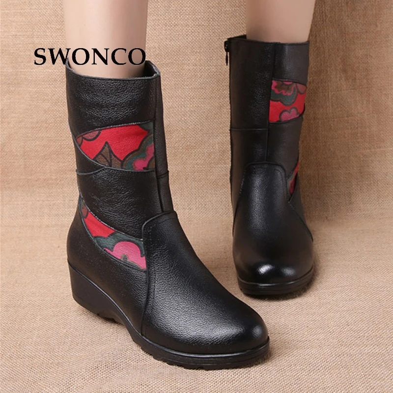 

SWONCO Women's Genuine Leather Boots Plus Size 35-42 Retro Embroidery Ladies Winter Boot Leather Women Boots Winter Warm Shoes