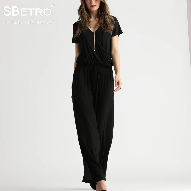 

SBetro Wide Leg Jumpsuit Female Knitted Surplus Elastic Waist Short Sleeve Loose Summer Women Casual Jumpsuits