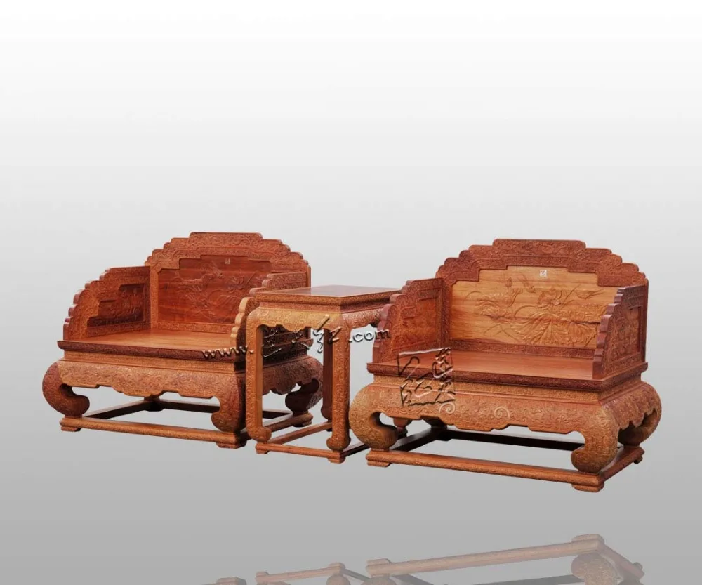 New Classical Rosewood Carving Lotus Imperial Throne Set 2 Armchairs Small Tea Table Set Hotel Drawing Room Solid Wood Furniture New Classical Rosewood Carving Lotus Imperial Throne Set 2 Armchairs Small Tea Table Set Hotel Drawing Room Solid Wood Furniture