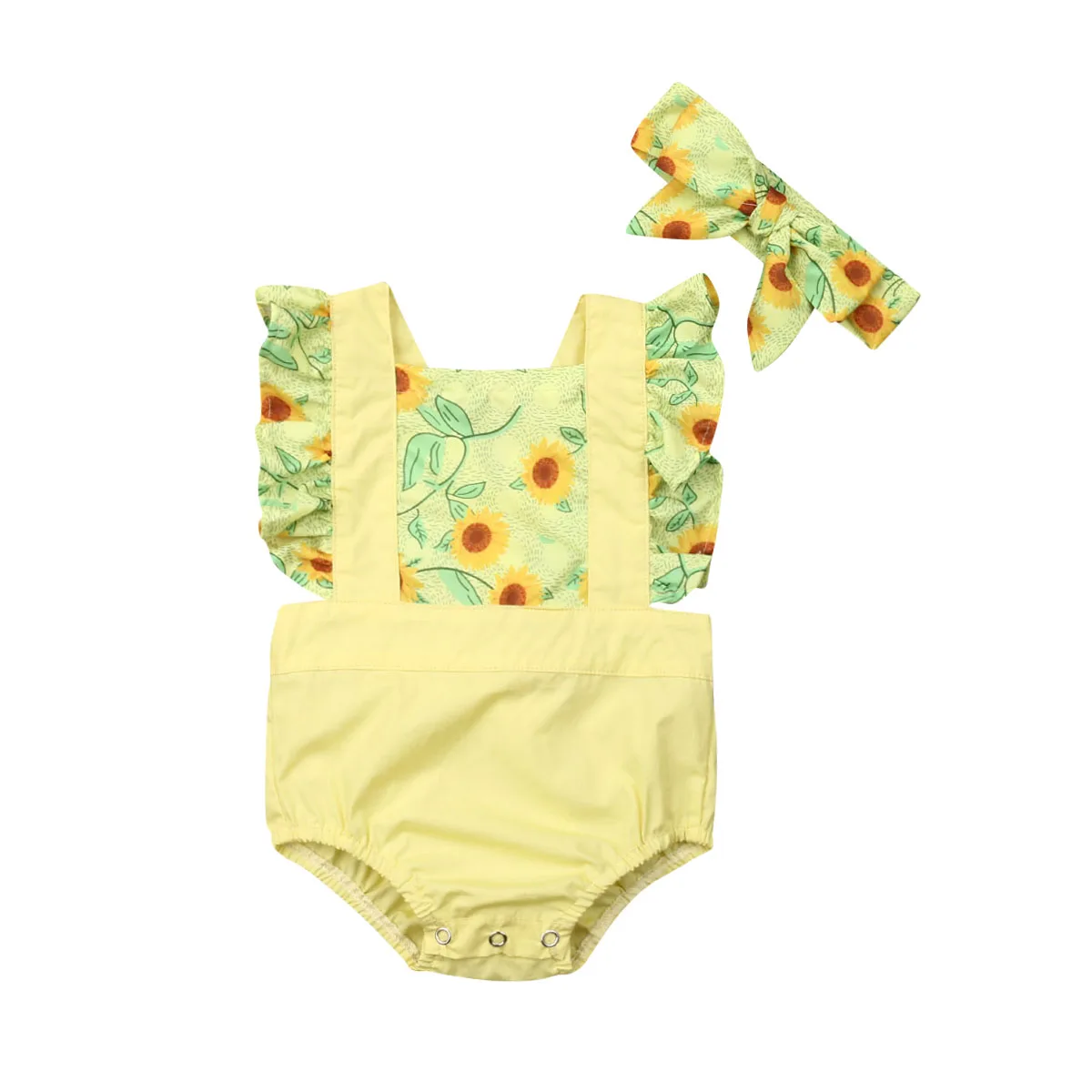 

Cute Newborns Baby Girls Sunflowers Bodysuit Back Strappy Jumpsuit with headband 2Pcs Outfits Sunsuit Clothes