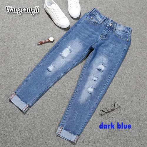 Сезон весна-лето Высокая талия отверстие 5XL синий женские эластичные Облегающие штаны Мода Большой размер женские джинсовые 9 штанов 015 - Цвет: dark blue
