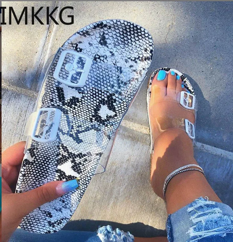 

Women slipper 2019 new summer open toe belt buckle flat slippers ladies Snake shallow casual beach Slide woman shoes Y10103