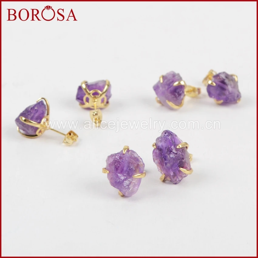 

BOROSA Gold Color Rough Natural Purple Crystal Druzy Earrings Claw Setting Crystal Stone Stud Earrings for Women Drusy ZG0134