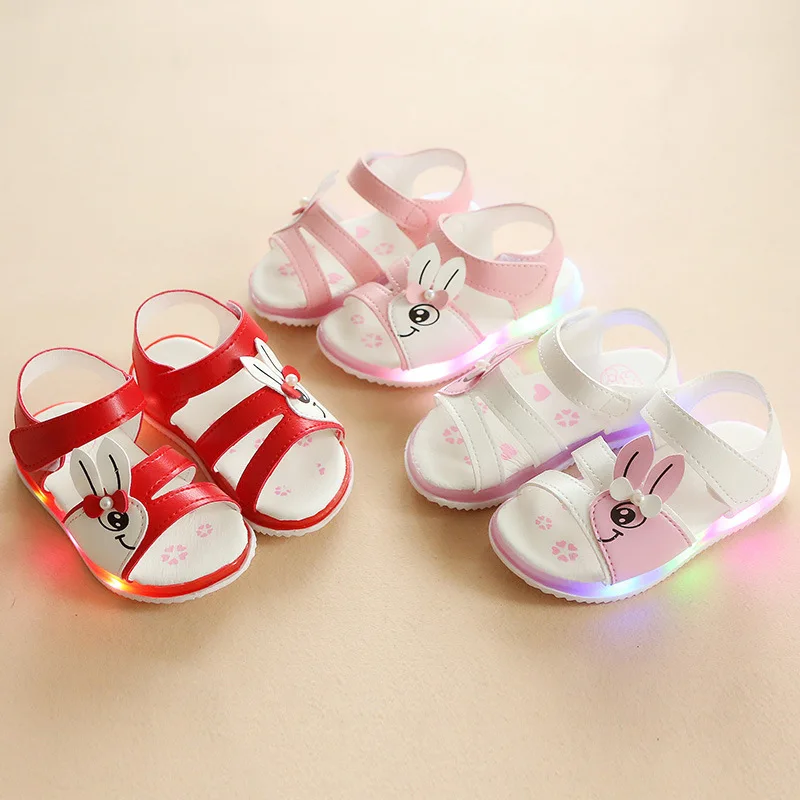 Новые летние детские сандалии со светодиодной подсветкой модная детская обувь для принцесс с мультяшным кроликом и бантом дышащая обувь на мягкой подошве#1
