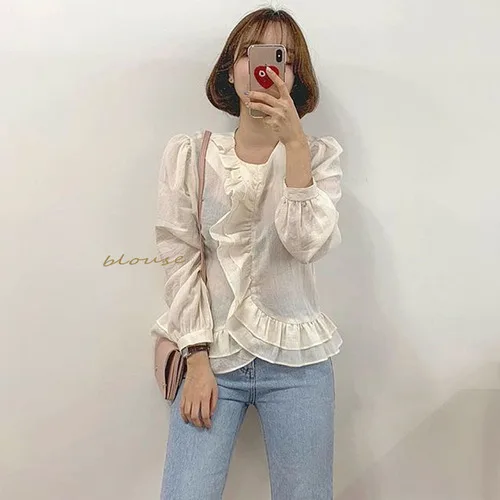 

Women Blouses and Tops 2019 Spring Long Sleeve Ruffle Peplum Loose Slim Korean Vintage Casual Summer Blusas Femme Mujer