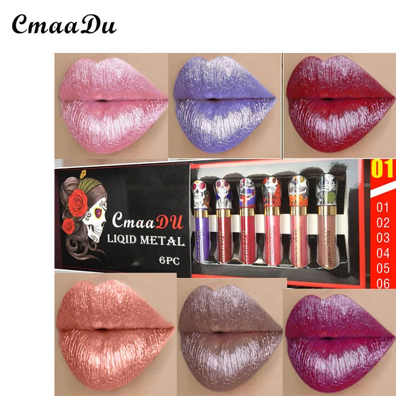 CmaaDu Lip Gloss Set 6 Pack 5 Matches Matte Metal Pearls Long Lasting Do Not Stick The Cup Does Fade Skull Head | Красота и здоровье