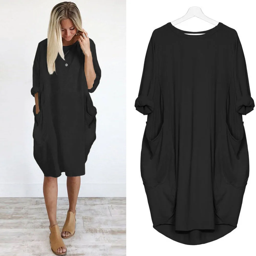 

Womens Fashion Full Sleeve Pocket Loose Dress Ladies Crew Neck Casual Long Tops Dress Plus Size Gonna Lunga #7