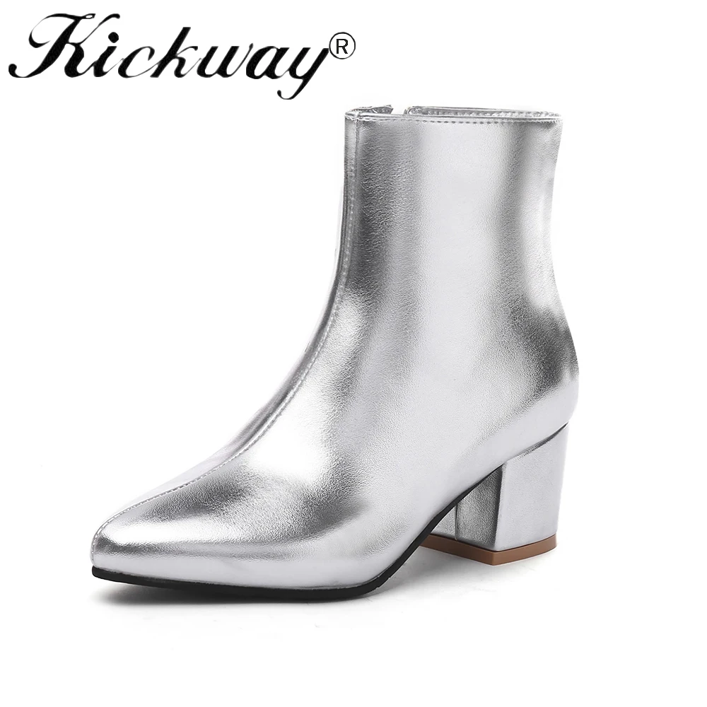 

Kickway Woman Boots Female Fashion Faux Leather Round Toe Ankle Boots Gold Ladies Zipper Mid Heel Sexy Black Plus Size 34-45