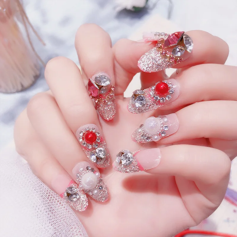 

24pcs long 3D false nail tips Blue gemstone jewel style fashion Recyclable dismantling fake nail art with glue for beauty girl