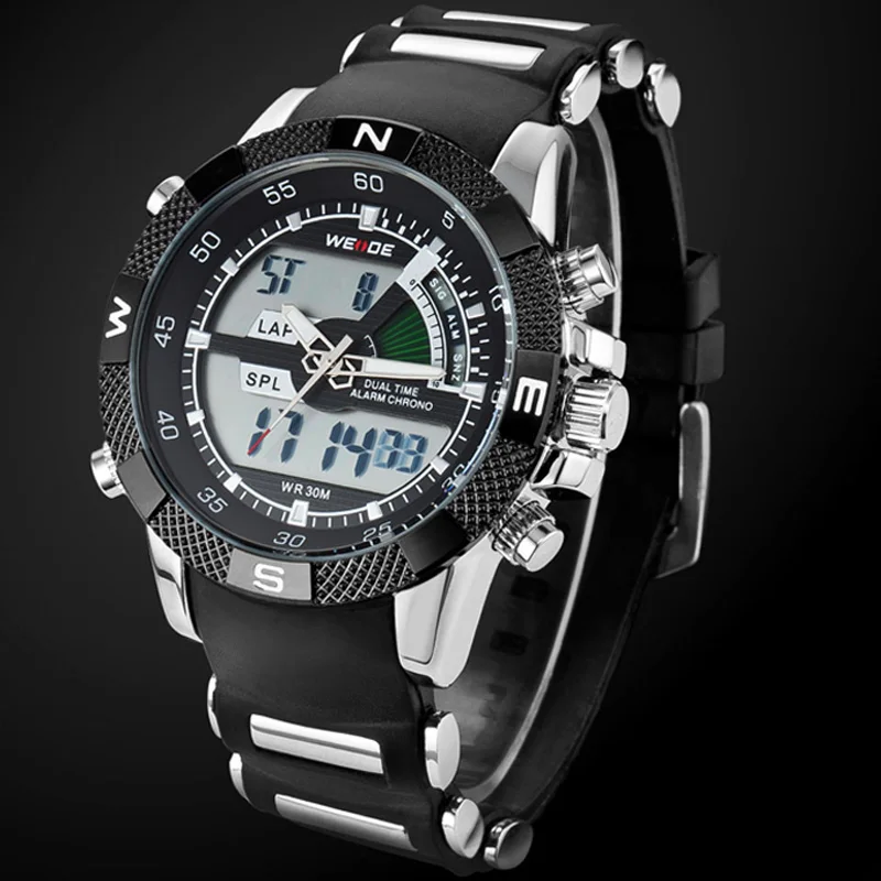 Achat 2017 WEIDE Montres Hommes de Casual Montre Multifonction LED Montres Dual Time Zone Avec Alarme Sport Étanche Quartz Montres