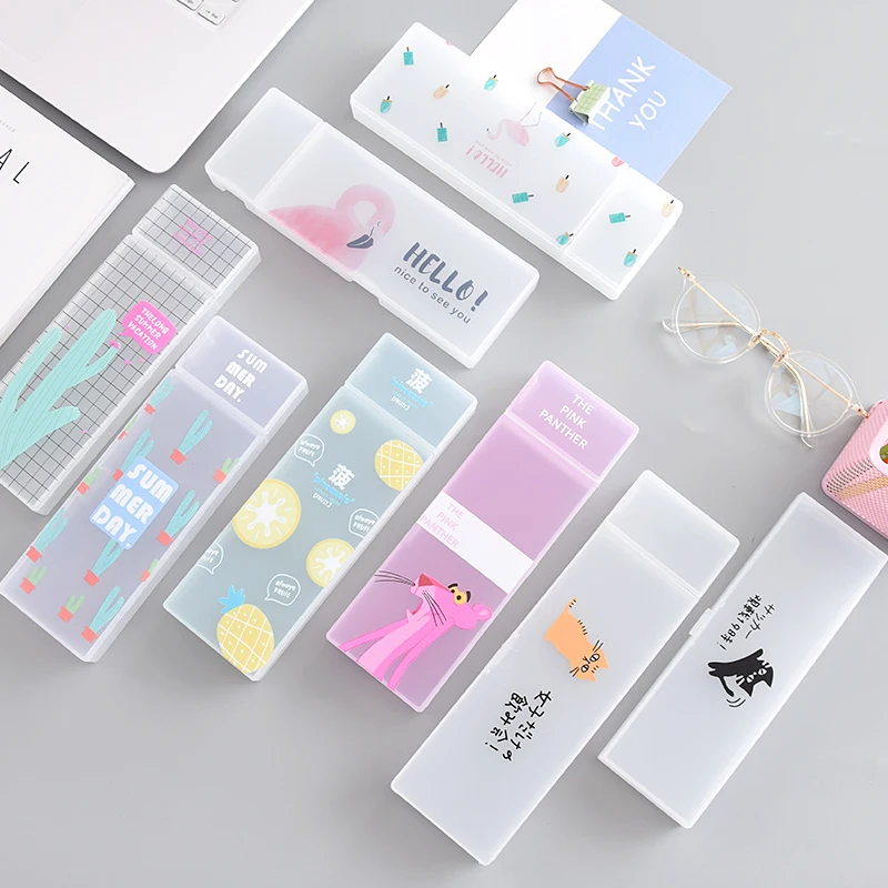 

MUJI STYLE Simple transparent pencil case Flamingo cactus pencil box Plastic storage box Learning stationery Office Supplies