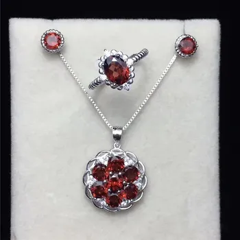 Fine Jewelry Sets For Women 100% Silver Ring Necklaces Pendants Stud Earrings Garnet Natural Gemstone Luxury Accessory CCS001-1