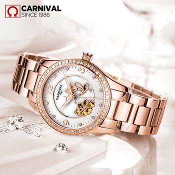 

2018 New CARNIVAL luxury Hollow Pearl Dial Diamond Inlaid Women Watch Rose Gold Steel Wristlet Luminous Fashionable Female Watch