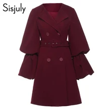 Sisjuly шерстяное винтажное Женское зимнее пальто с длинным Расклешенным рукавом, куртка на пуговицах, бордовая верхняя одежда, Осенние однотонные куртки, пальто