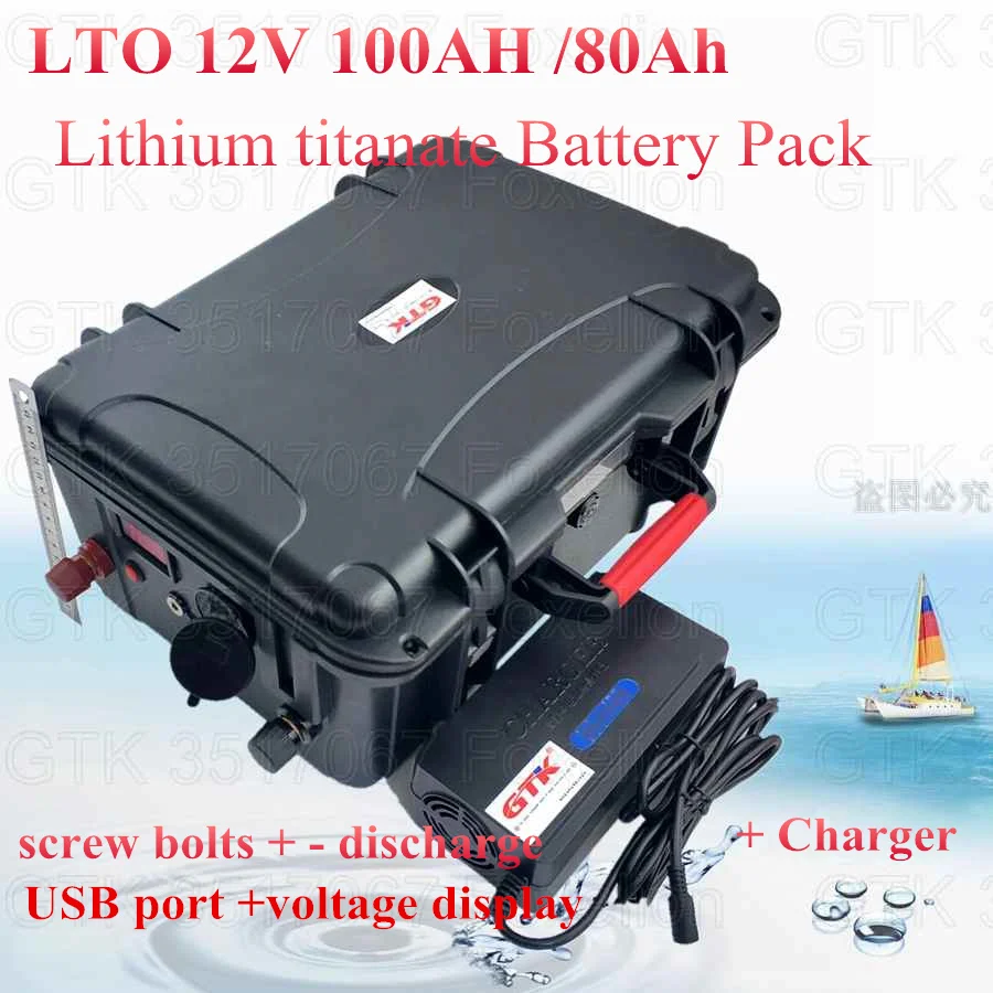 

GTK LTO 12V 100AH 80Ah Lithium titanate Battery Pack USB voltage display for Motor Boat inverter solar fast charg+ 10A charger