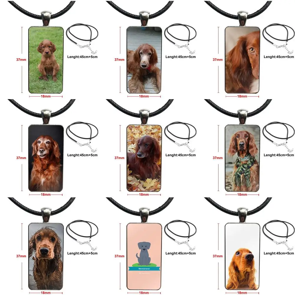 

For Men Women Gift Cute Irish Setter Dog Puppy Pets Glass Pendant Necklace Handmade Half Pendant Rectangle Necklace