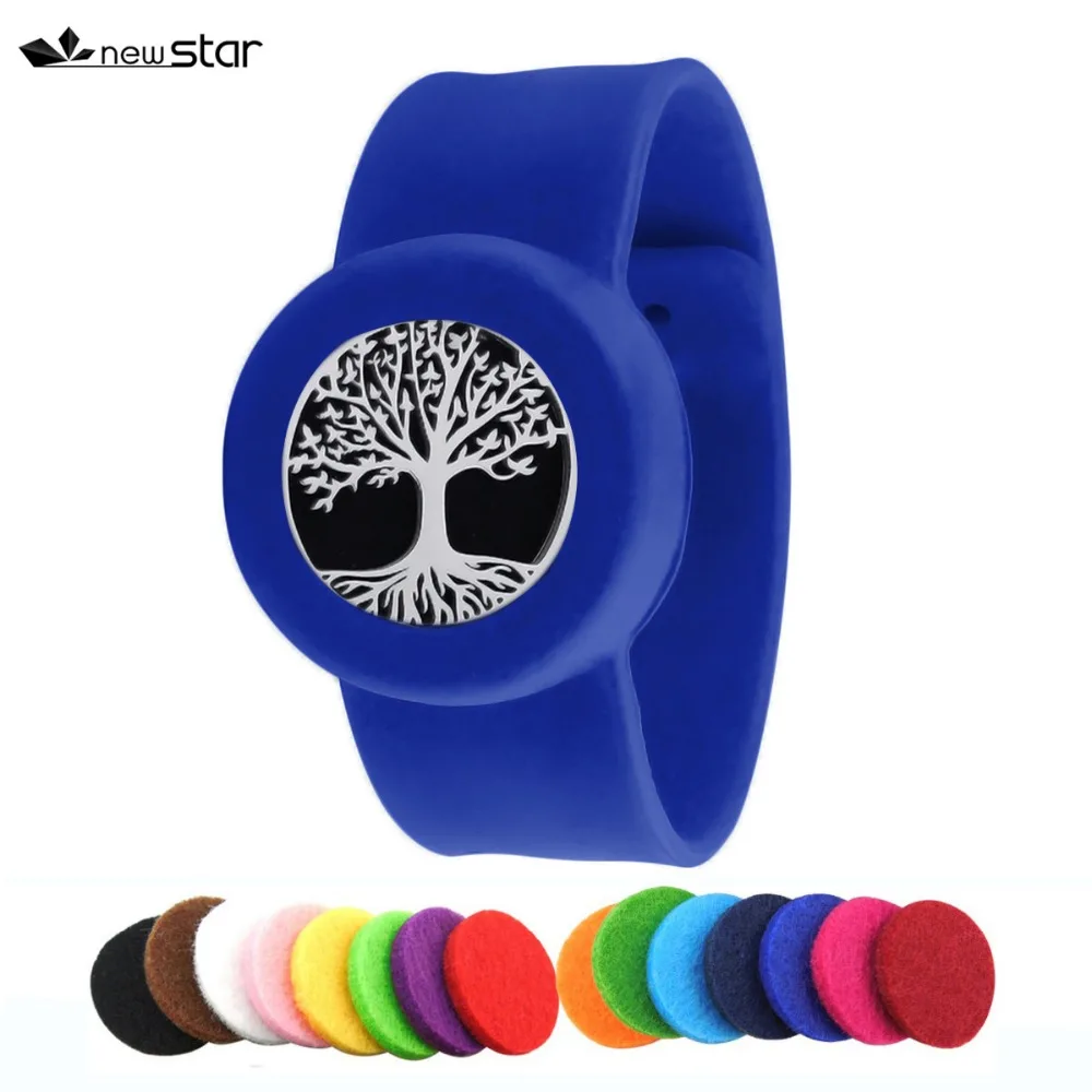 

Tree Design Mosquito Repellent Blue Silicone Bracelet Stainless Steel Aroma Diffuser Locket Essential Oil Slap Bracelet