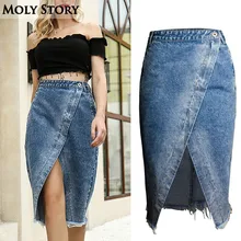 Модные новые асимметричные джинсовые юбки для женщин с высокой талией, джинсовые юбки с запахом, женские асимметричные юбки с бахромой