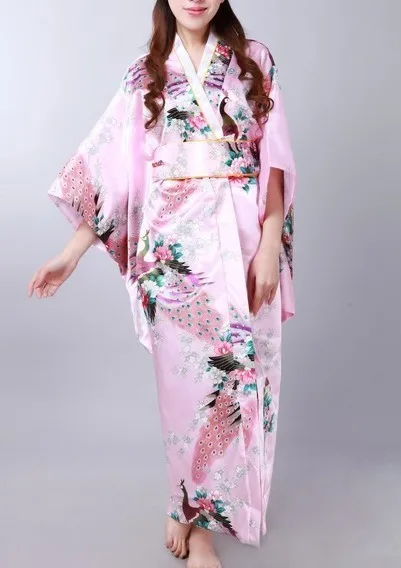 Новое поступление розовый японский Для Женщин Атлас платья кимоно юката хаори с Оби Новинка производительность Костюмы один размер jk014