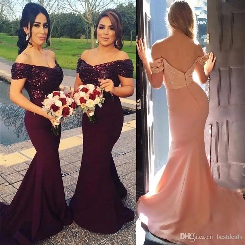 Сексуальная с плеча бордовый платье подружки невесты с юбкой-годе Vestidos Dama De Honor свадебные платья, расшитые блестками плюс Размеры платья
