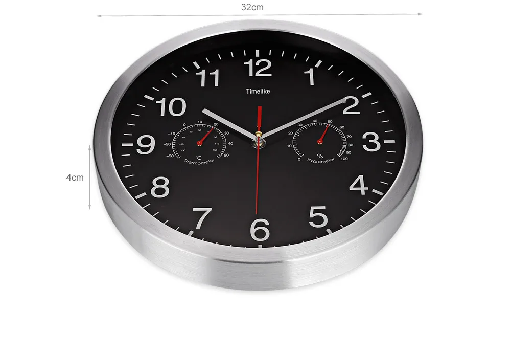 32cm Silent Wall Metal Clock Thermometer Hygrometer Quiet Sweep Movement No-ticking Home Art Decor