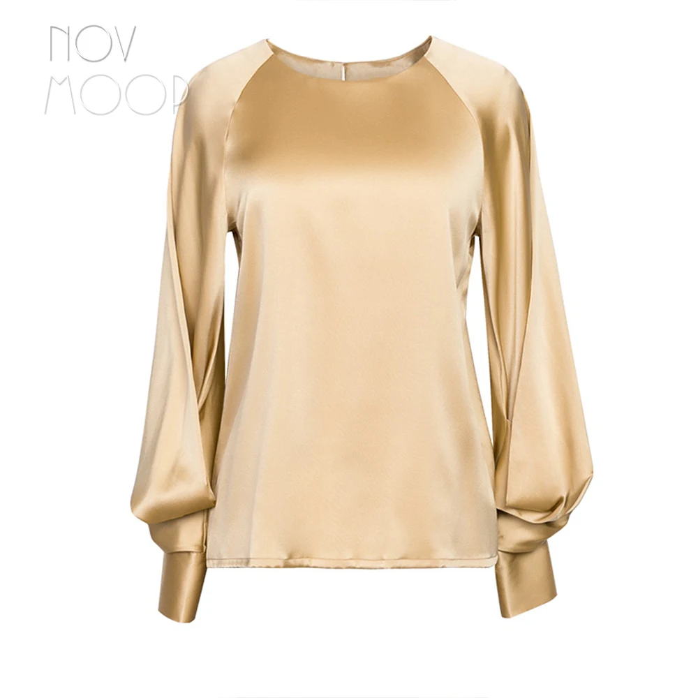 Дворцовый стиль, золотые винтажные Женские топы и блузки из натурального шелка, сатиновая шелковая рубашка с рукавами-фонариками, топы, camisa blusa feminina LT1978