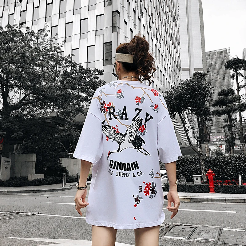 2019 Лето Китайский ветер ветви журавли печати короткий рукав рубашка Harajuku пара