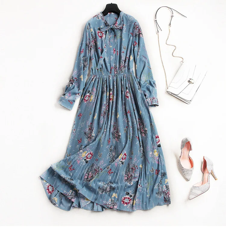 Новинка, весна-лето, модное женское элегантное шифоновое платье с длинным рукавом, с бантом, с цветочным принтом, плиссированные платья синего цвета