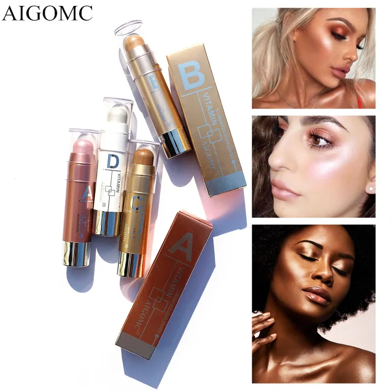 

AIGOMC makup Bronzer&Highlighter Stick 4 Colors 3D Contour Makeup Concealer Pen Face Waterproof Glow Brighten Stick Cosmetic