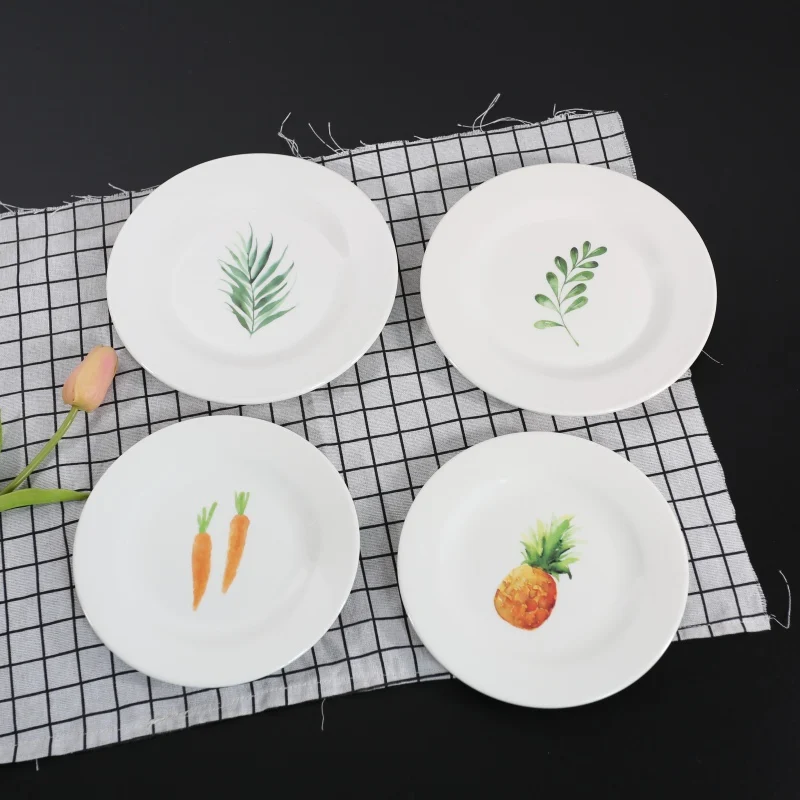 

7/8 Inch Nordic Melamine Dinner Plate Tableware Leaf Fruit Printed Round Dinner Plate Breakfast Plate Western-style Food Disc