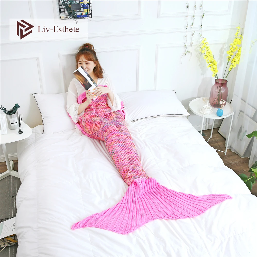 

Liv-Esthete Fashion Pink Mermaid Throw Blanket Knitted Handmade Blanket Soft Sofa Best Gift For Adult Kids Child Blanket