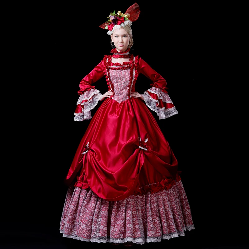 

Customized 2019 Autumn Winter Red Women's Party Dress 18th Century Flare Sleeve Peroid Ball Gowns Theater Costumes