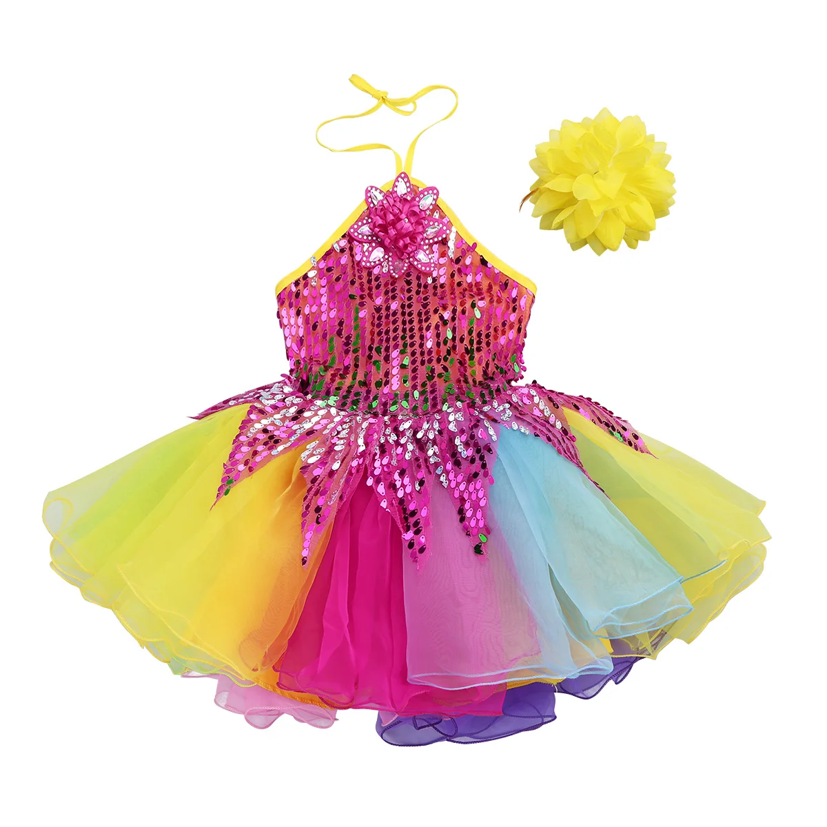 Детское танцевальное платье для девочек, яркое платье-пачка с блестками и объемным цветком, Набор браслетов для балета, выступлений на сцене