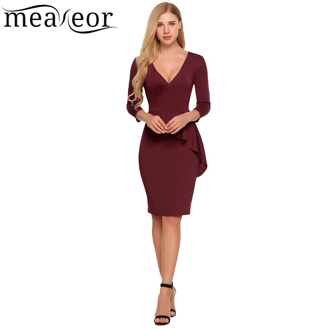 Meaneor Ruffles Bodycon Pencil Dresses Women Solid/ Floral Print Party