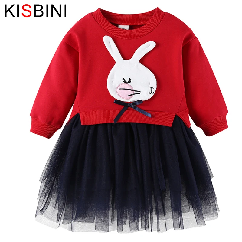 

KISBINI 2019 Spring Cute Baby Girl Kid Dress Clothing Cartoon Rabbit Princess Birthday Party Dress Knitted Mesh Children Clothes