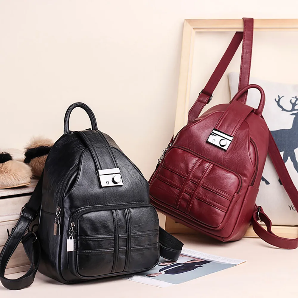 Черный красный bolsa mochila feminina couro Модный женский рюкзак простой Повседневный