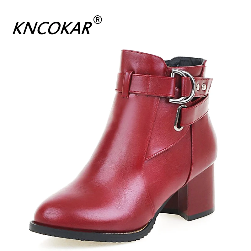 KNCOKAR/новые женские ботильоны большие размеры 34-43 квадратный каблук молния острый