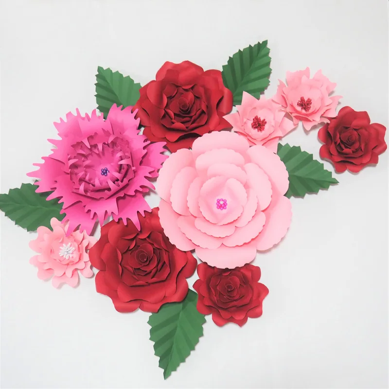 2018 Hot Mix Pink Red Giant Paper Flowers 9pcs + 5 Leaves Artificial