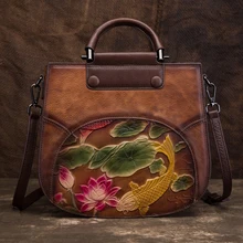 Натуральная кожа, женская сумка с верхней ручкой, с рисунком рыбьего лотоса, высокое качество, винтажная женская сумка-мессенджер из натуральной кожи, сумки на плечо
