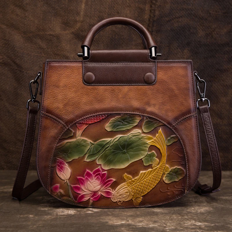 

Natural Skin Women Top Handle Bag Fish Lotus Pattern High Quality Vintage Female Genuine Leather Messenger Tote Shoulder Bags