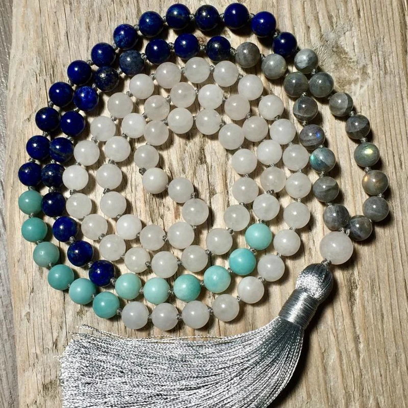 

Labradorite & Amazonite Hand Knotted Necklace For Unisex Lapis Lazuli Mala Beads Necklace 108 Beads Meditation Necklace Tassel